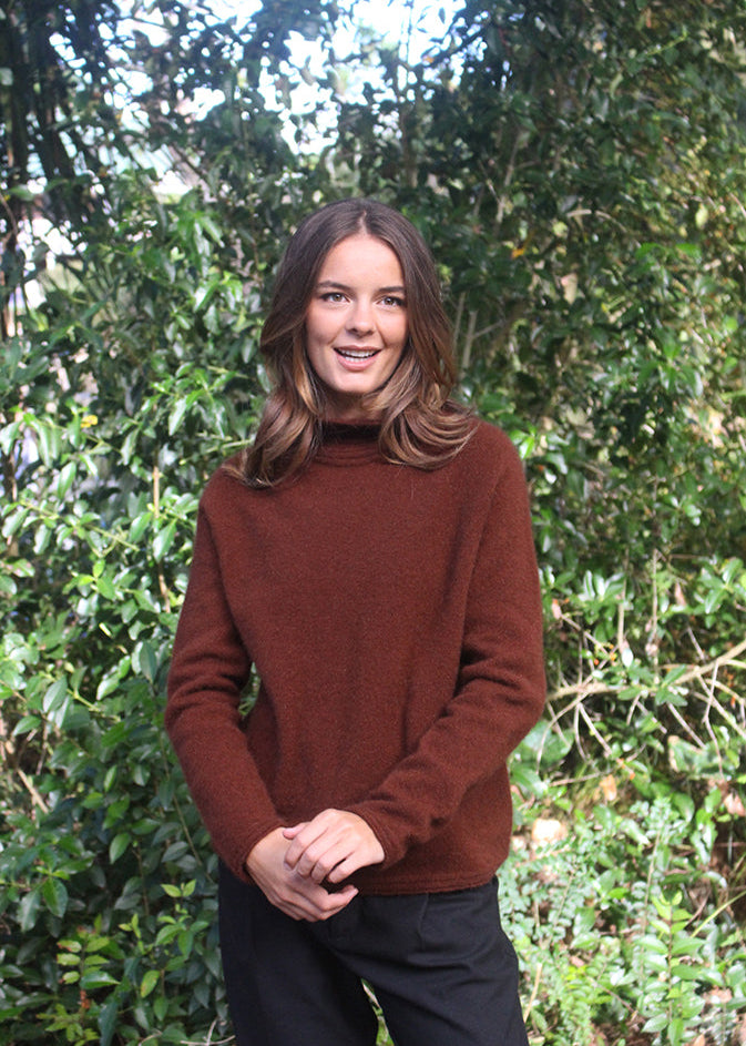 Russet Merino Possum Turtle neck jersey with neck, cuff and hem detail.