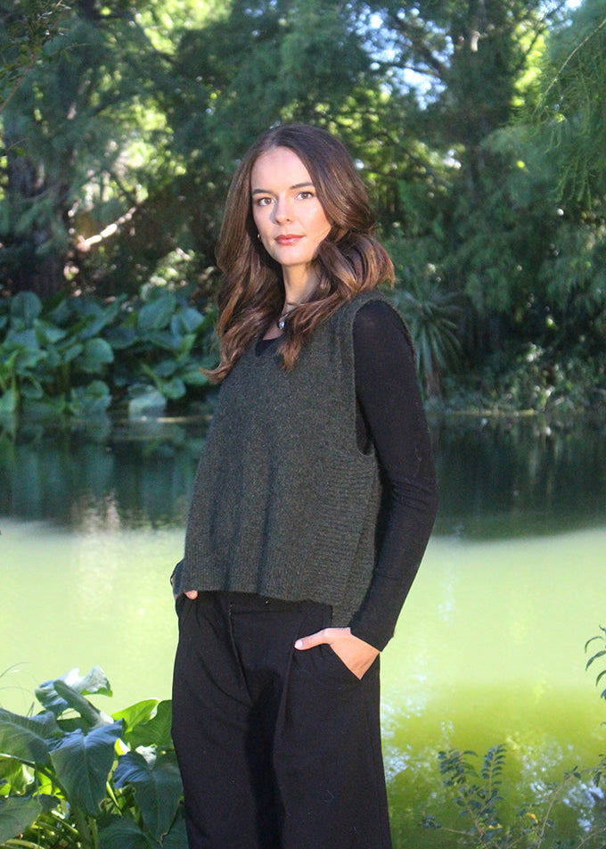 Moss merino possum Ride Vest. A classic and timeless garment worn over as shirt or t-Shirt