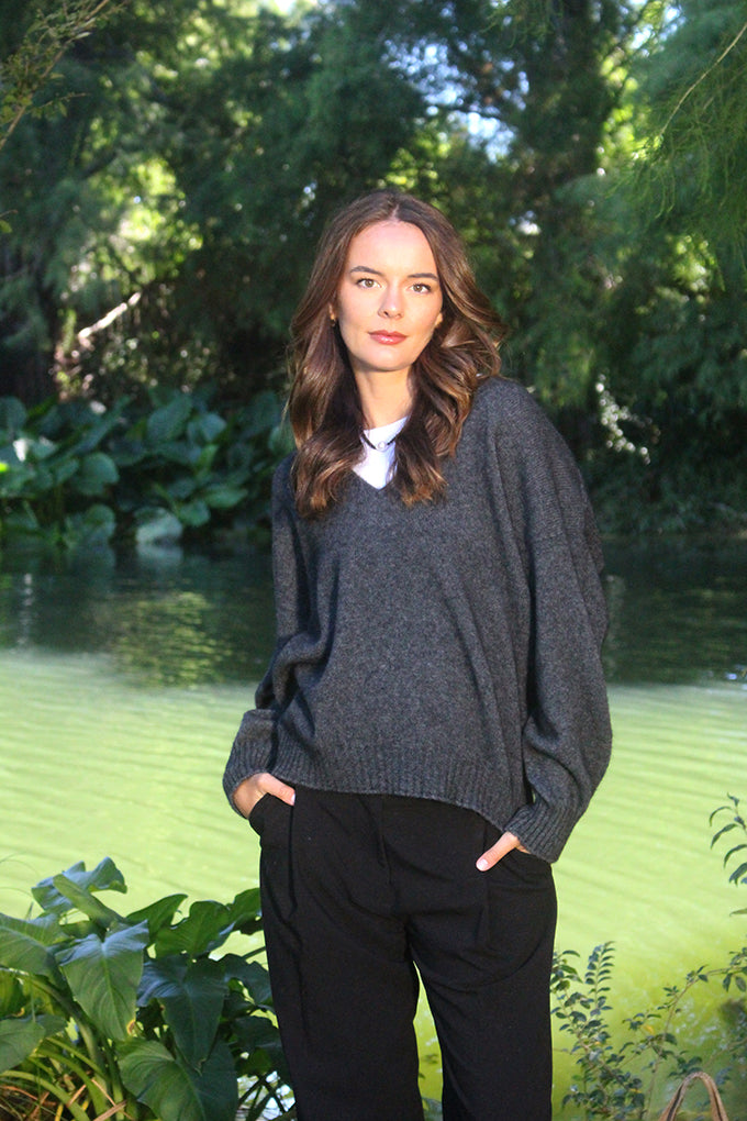 Charcoal V-Neck Merino Possum Jersey with rib cuffs and hem