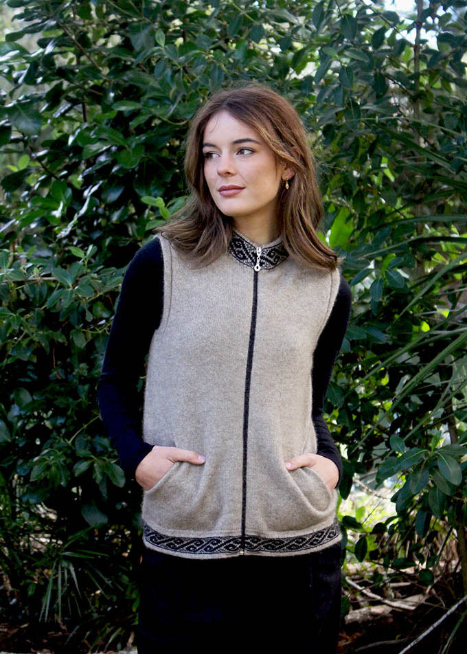 Lothlorian Merino Possum Motif Zip Vest with pockets