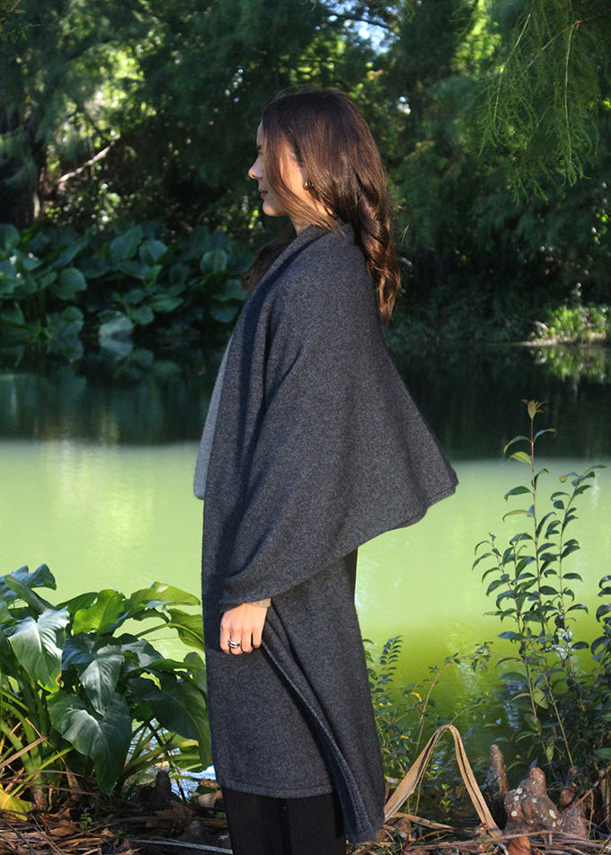 Charcoal Brando Poncho worn several ways super versatile.