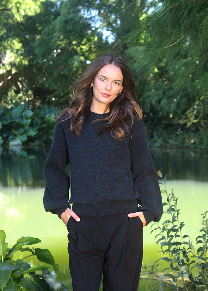 Womans slate  alpaca crew neck  with ribbed cuffs