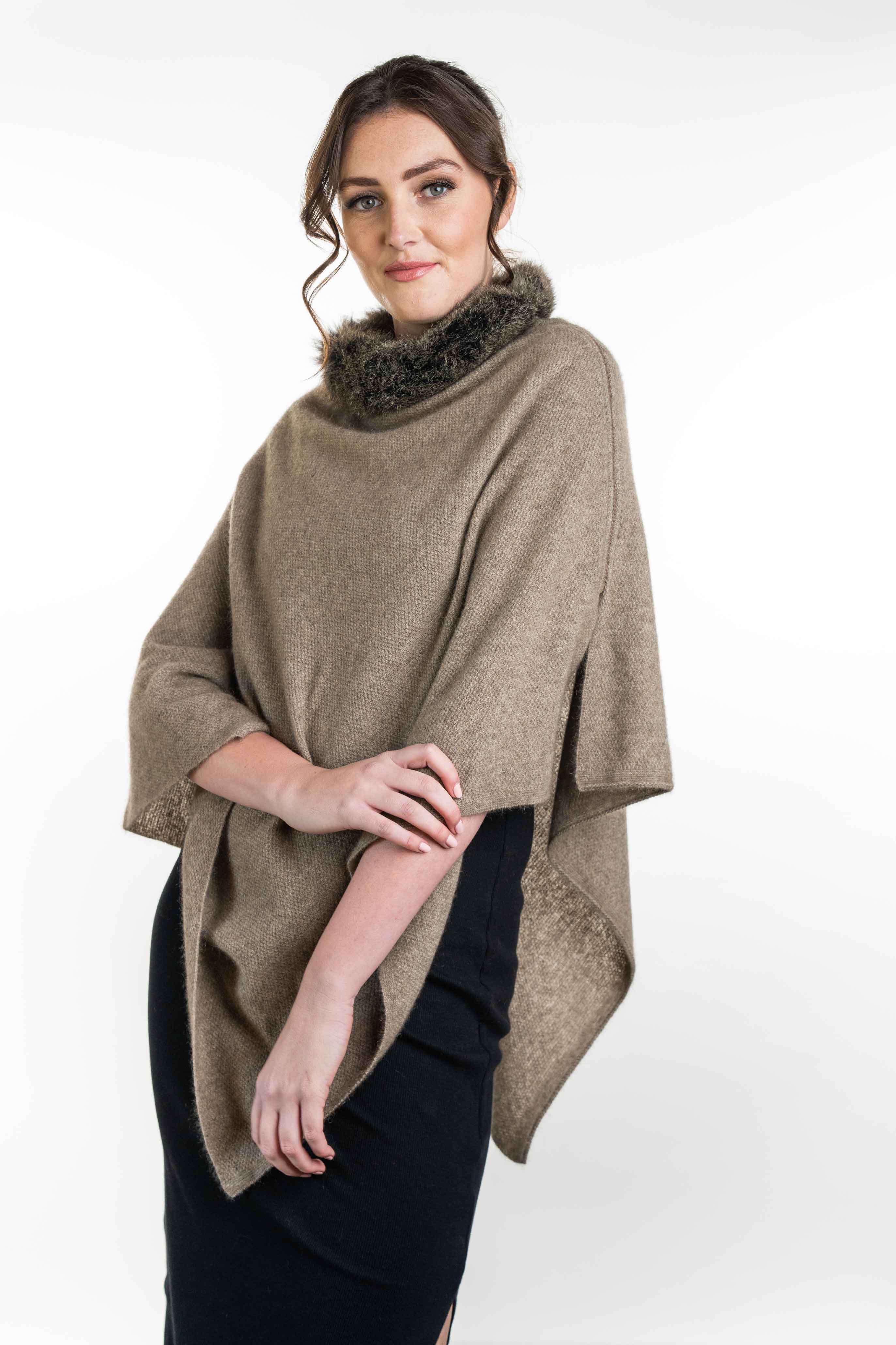Koru Merino Possum Fur Trim Zip Poncho