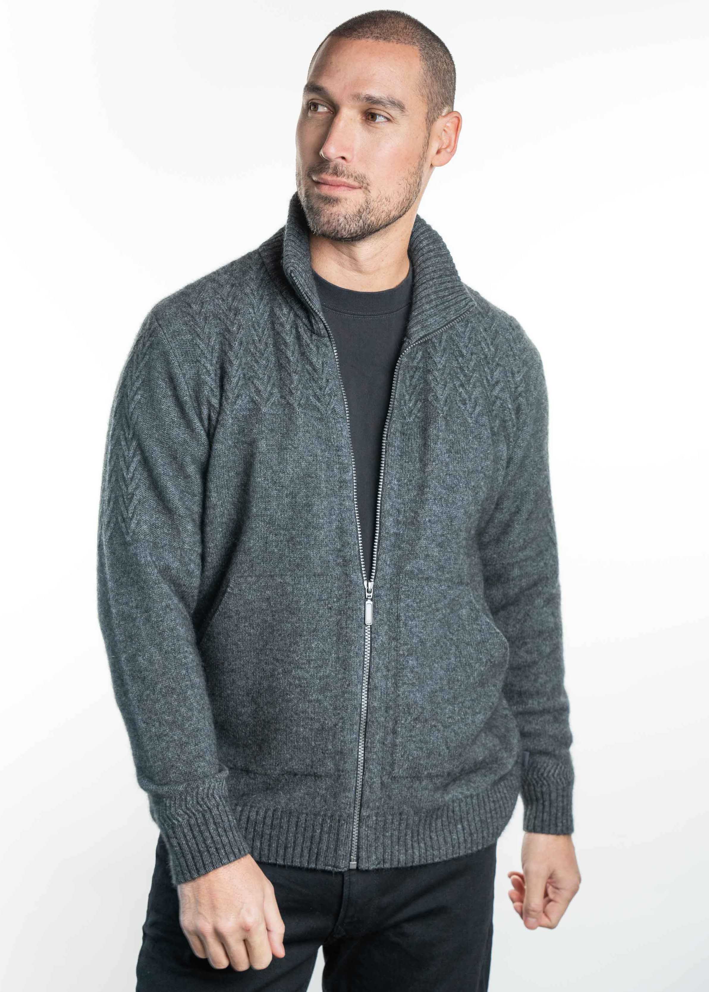 Koru Merino Possum Chevron Zip Jacket
A zip-through jacket with a textured pattern on the chest and sleeves.
This garment has knitted-in pockets.
Sizes S-XXL
Made in New Zealand
50% Merino Lambswool, 40% Possum Fur, 10% Silk