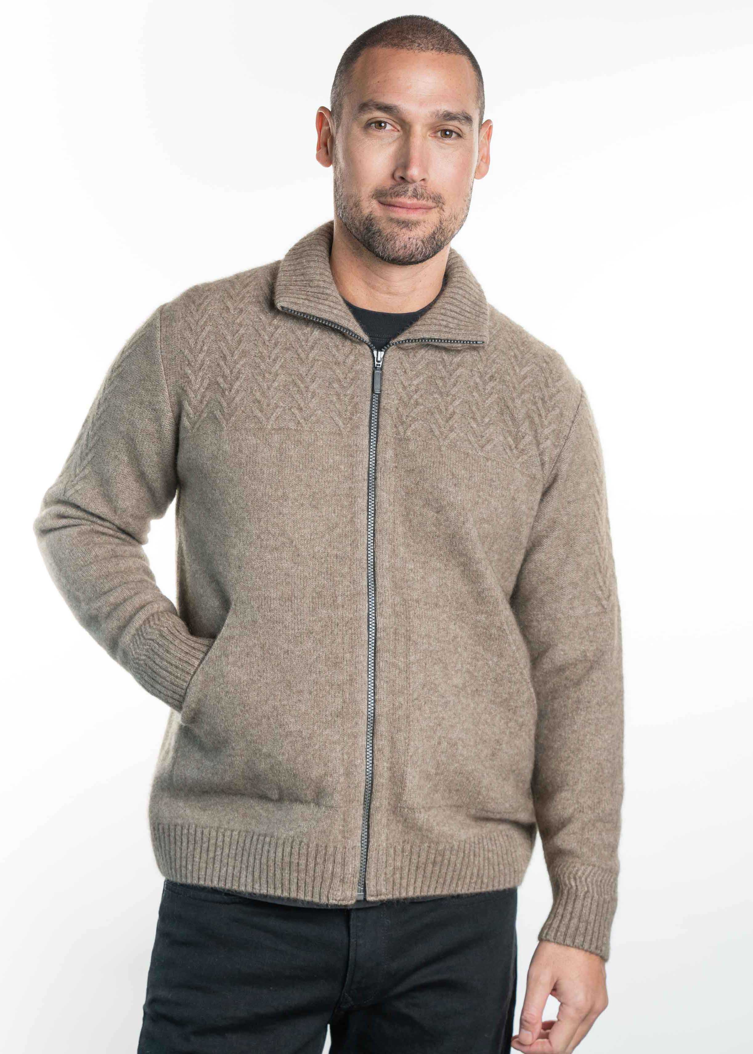 Koru Merino Possum Chevron Zip Jacket
A zip-through jacket with a textured pattern on the chest and sleeves.
This garment has knitted-in pockets.
Sizes S-XXL
Made in New Zealand
50% Merino Lambswool, 40% Possum Fur, 10% Silk