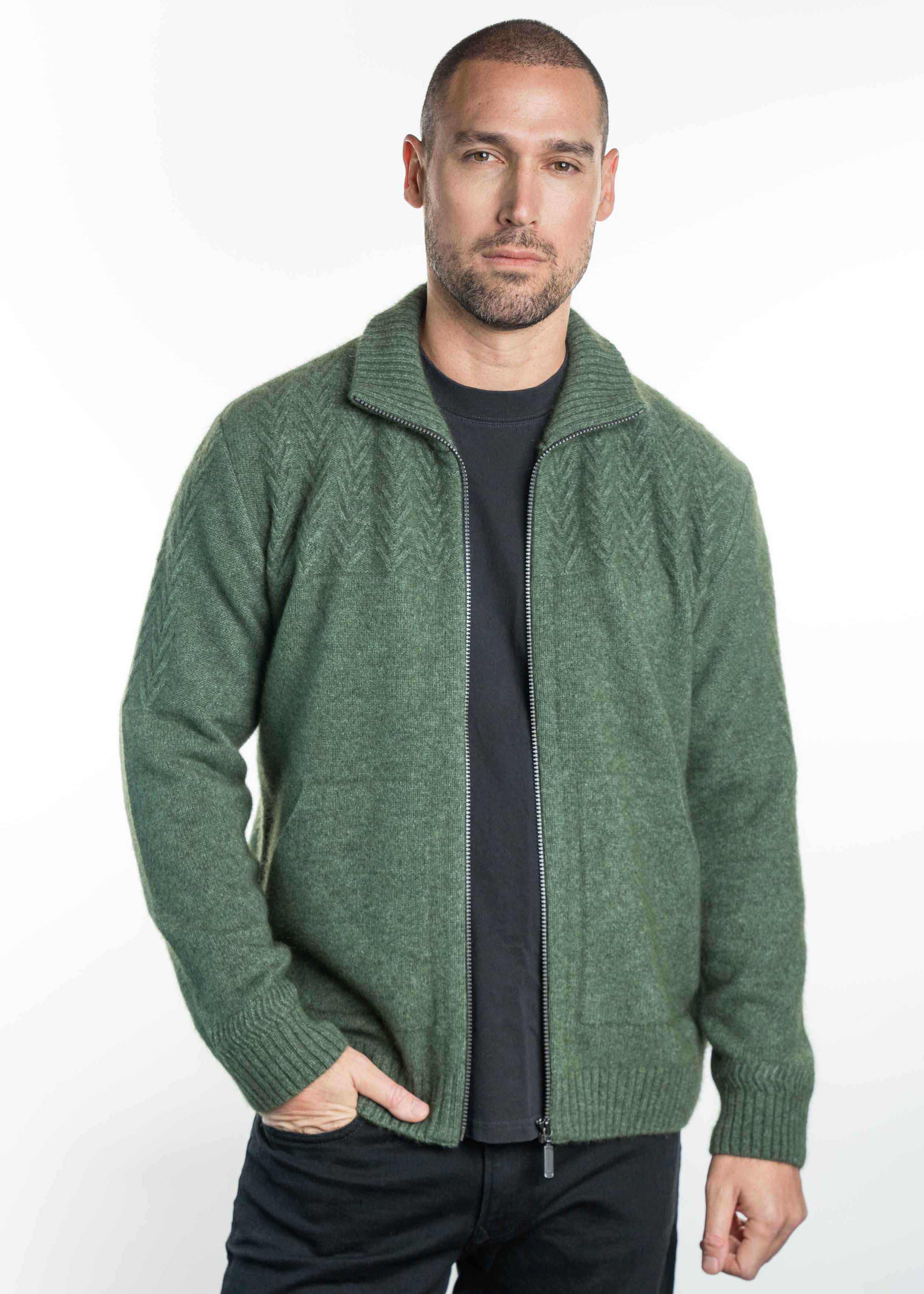 Koru Merino Possum Chevron Zip Jacket
A zip-through jacket with a textured pattern on the chest and sleeves.
This garment has knitted-in pockets.
Sizes S-XXL
Made in New Zealand
50% Merino Lambswool, 40% Possum Fur, 10% Silk
