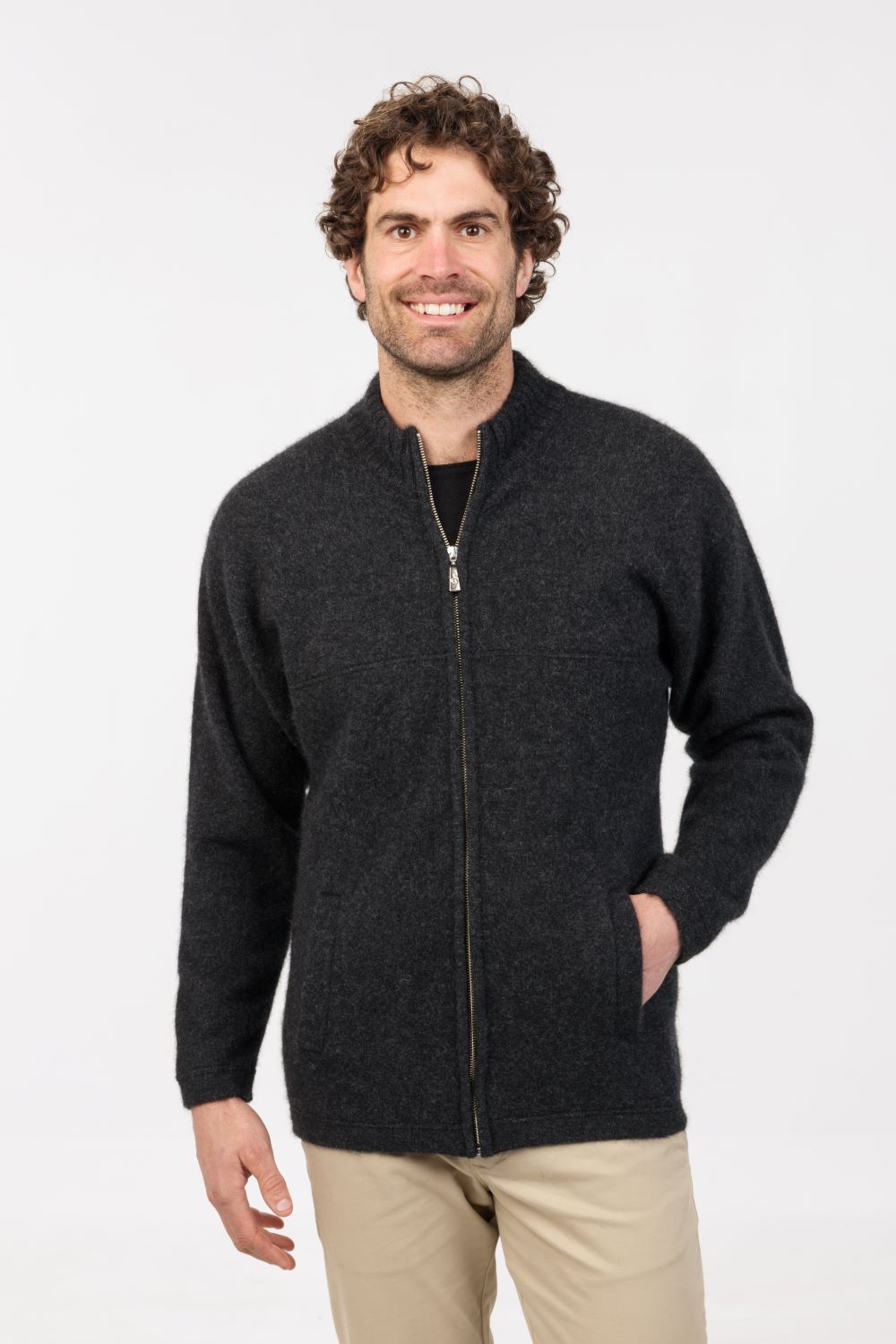 This heavyweight, full-zip jacket with side pockets is ideal for the cooler months of the year. The ribbed collar detail makes this garment practical both indoors and outdoors comes in charcoal