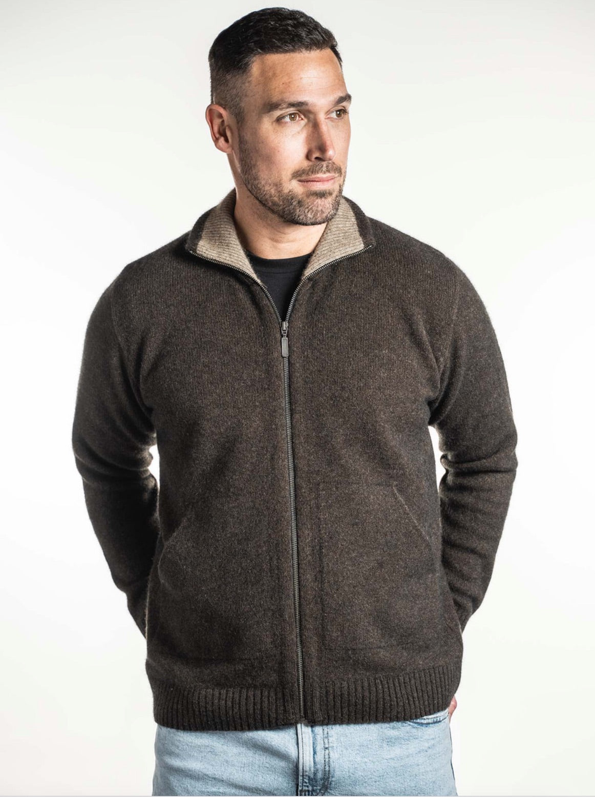 Trilogy Merino Possum Brown Marl  full zip jersey with pockets