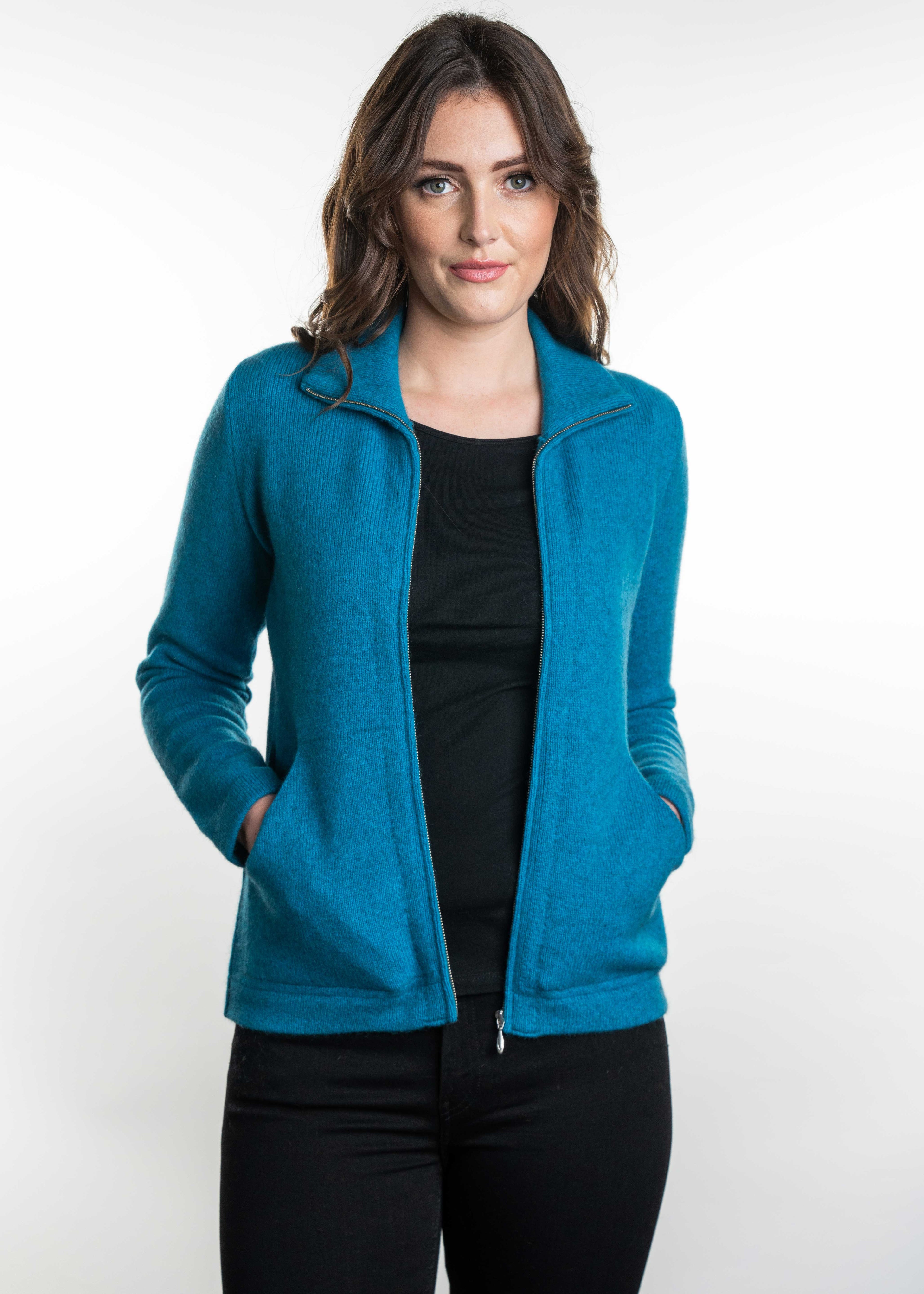 Triology Merino Possum and silk full zip cardigan in teal