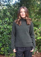 Moss Merino Possum Turtle neck jersey with neck, cuff and hem detail.