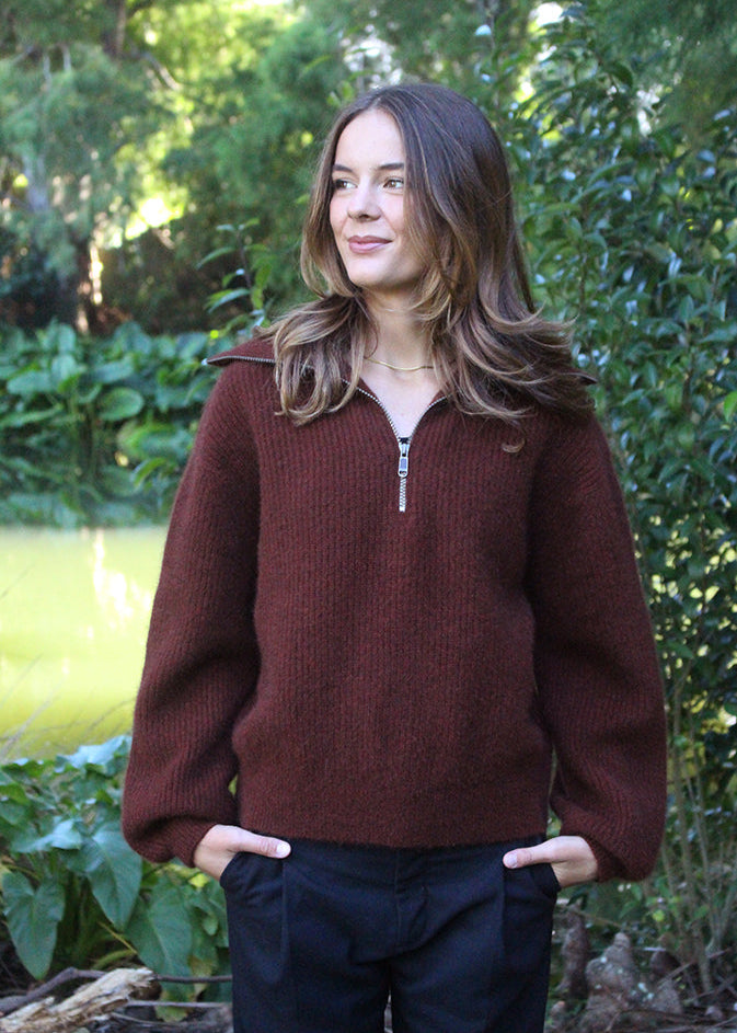 Russet womans quarter-zip Merino Possum jersey with rib detail. 