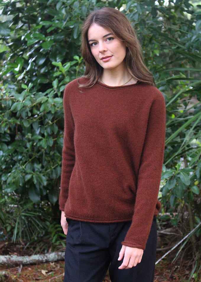 Russet crew neck Merino Possum jersey. Classic light weight yet warm.