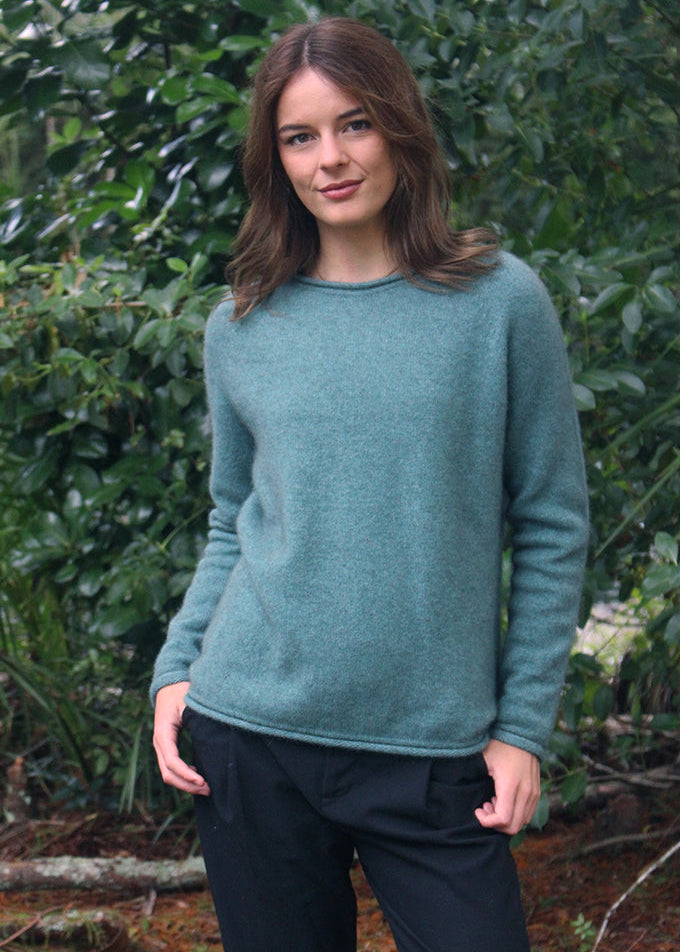 Sage crew neck Merino Possum jersey. Classic light weight yet warm.