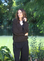 Brown Marl V-Neck Merino Possum Jersey with rib cuffs and hem 