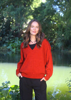 Pumpkin V-Neck Merino Possum Jersey with rib cuffs and hem 