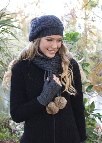Merino Possum Cable Scarf with Rabbit Fur Pompom