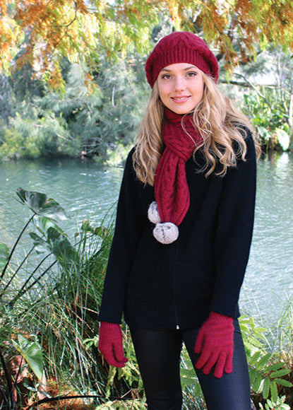 Merino Possum Cable Scarf with Rabbit Fur Pompom