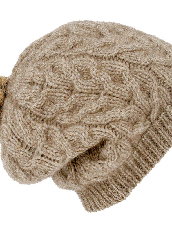 Merino Possum Cable Beanie with Rabbit Fur Pompom