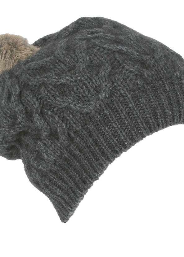 Merino Possum Cable Beanie with Rabbit Fur Pompom