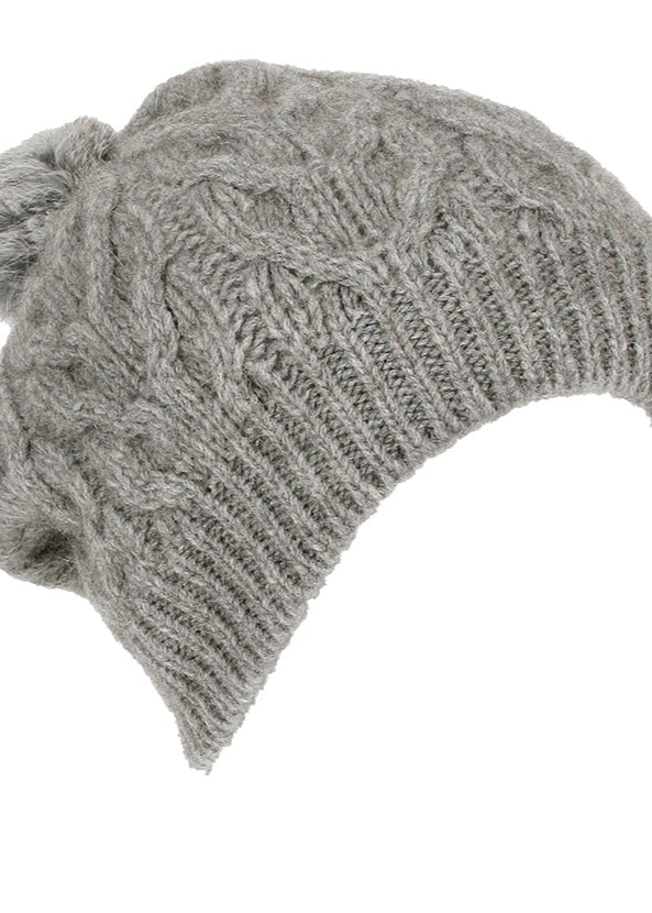 Merino Possum Cable Beanie with Rabbit Fur Pompom