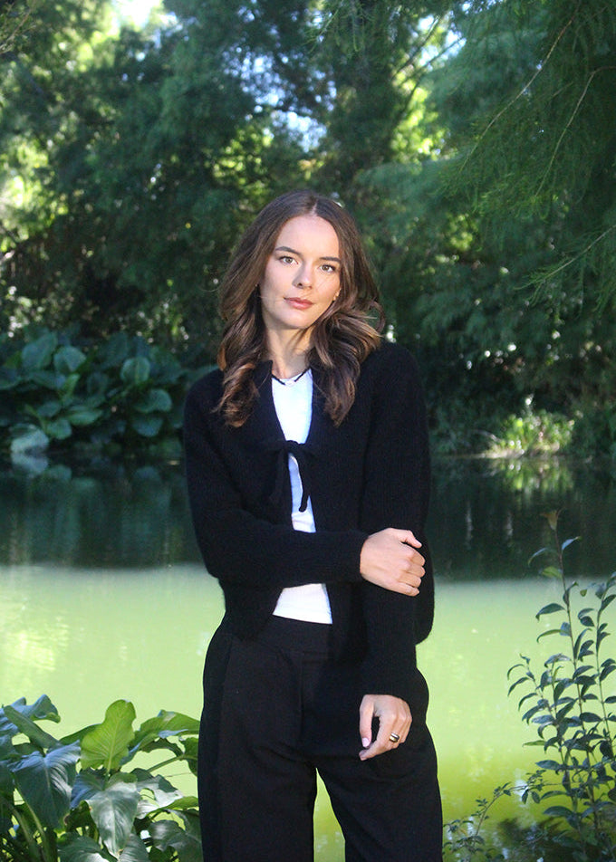 Black fuse cardigan with tie elegant yet classic 