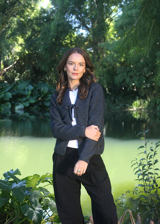 Charcoal fuse cardigan with tie elegant yet classic 