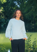 Aqua crew neck jersey with bell sleeves and ribbed cuffs 