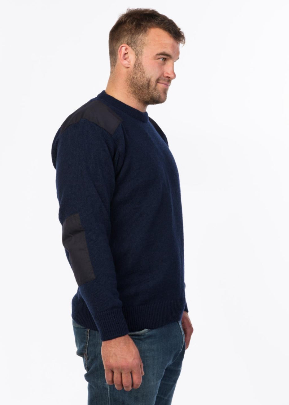 Navy classic woolen jersey with shoulder and elbow patches MKM