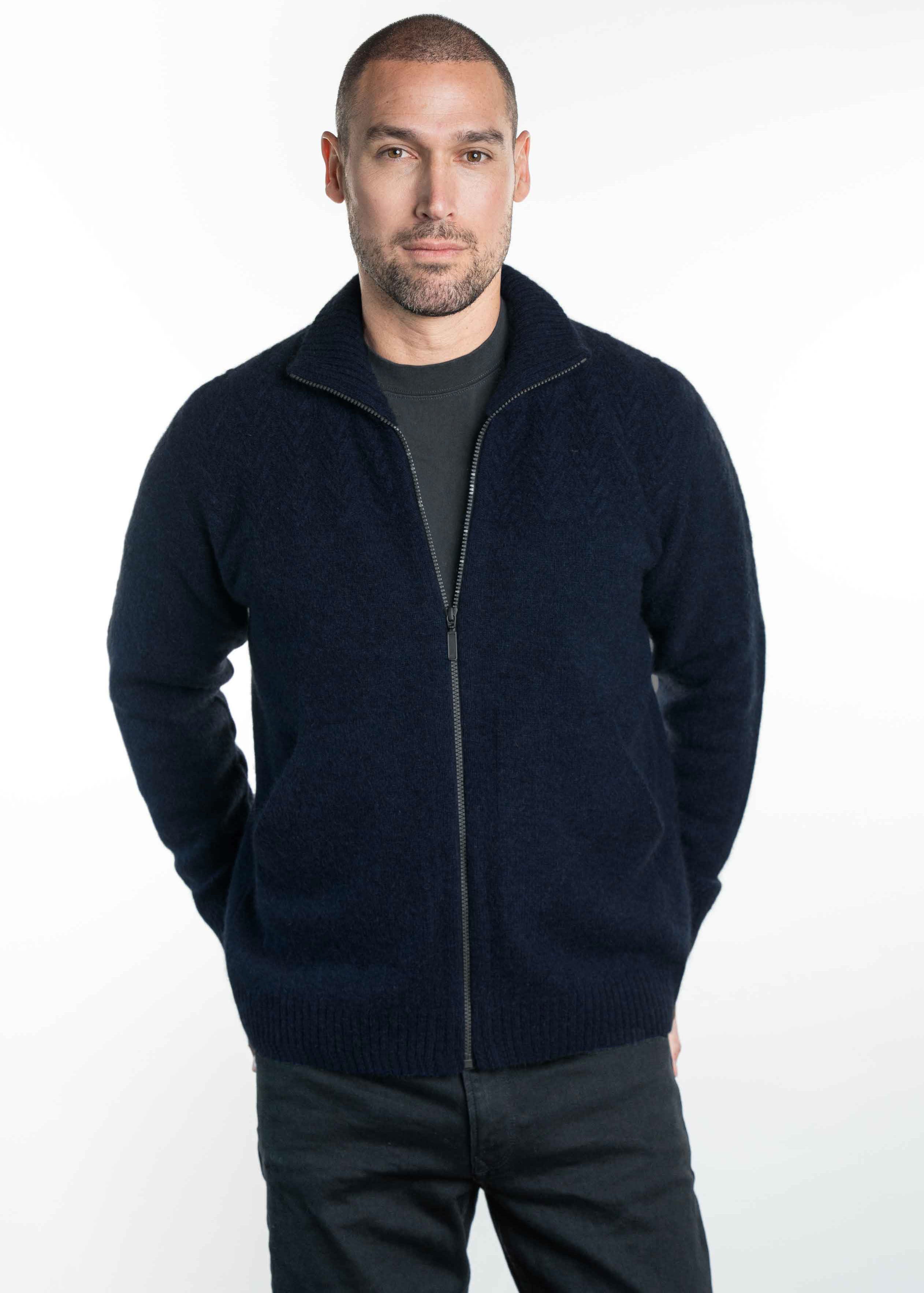 Koru Merino Possum Chevron Zip Jacket

A zip-through jacket with a textured pattern on the chest and sleeves.
This garment has knitted-in pockets.
Sizes S-XXL
Made in New Zealand

50% Merino Lambswool, 40% Possum Fur, 10% Silk