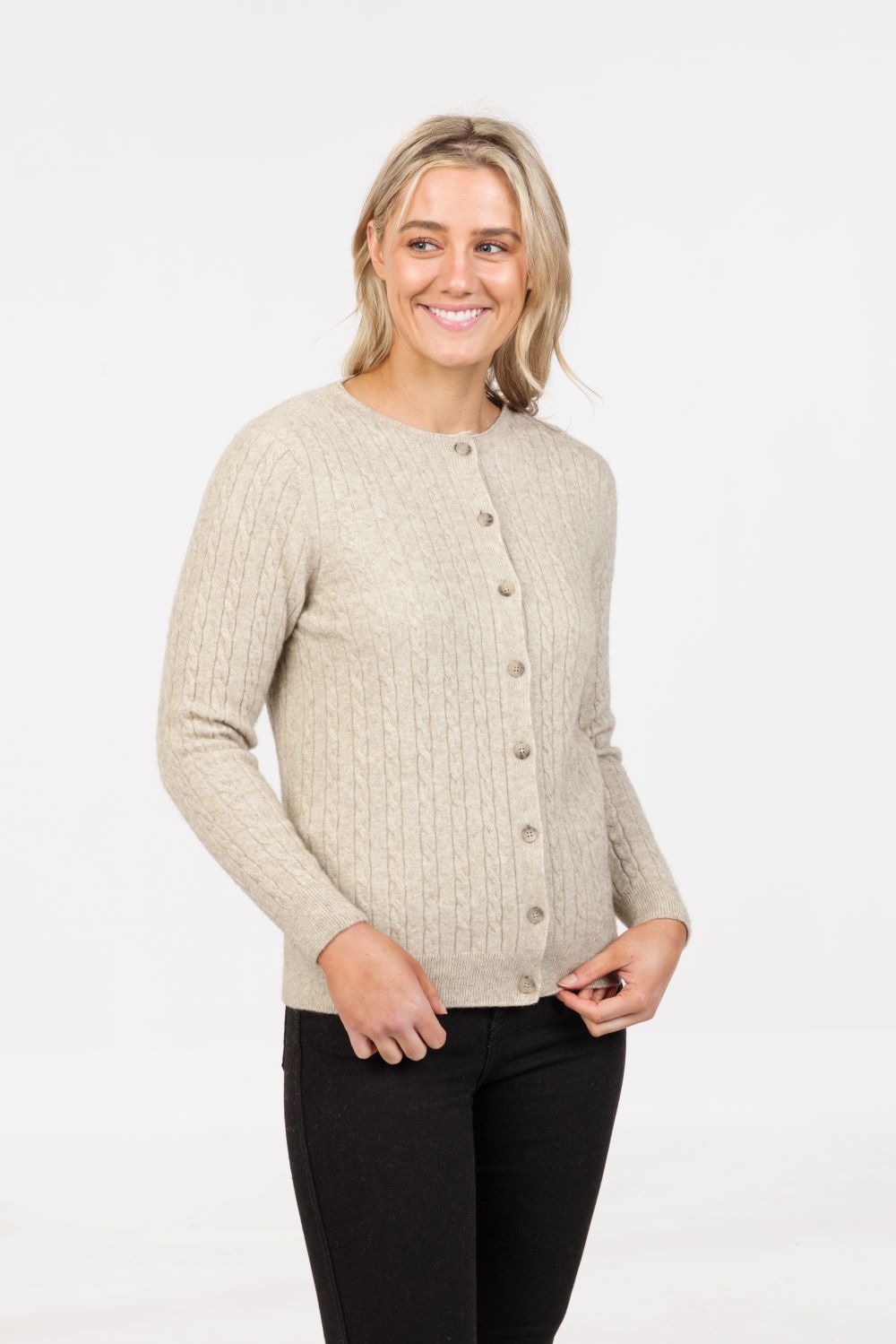 Native world Merino Possum ribbed cardigan in Natural. 