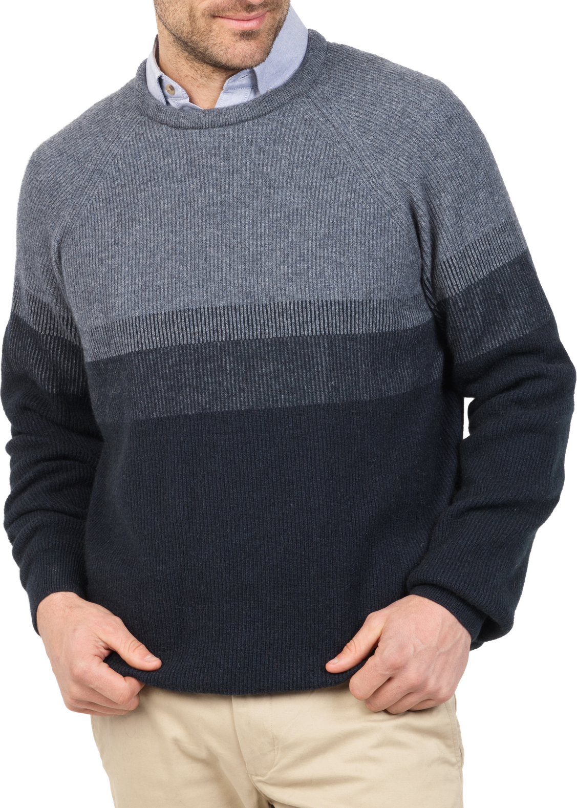 Merino Possum Gradient Sweater. A three-tone classic sweater with a fashion focus.
Luxury Blend of Possum Fur, Superfine Merino Wool, and Silk