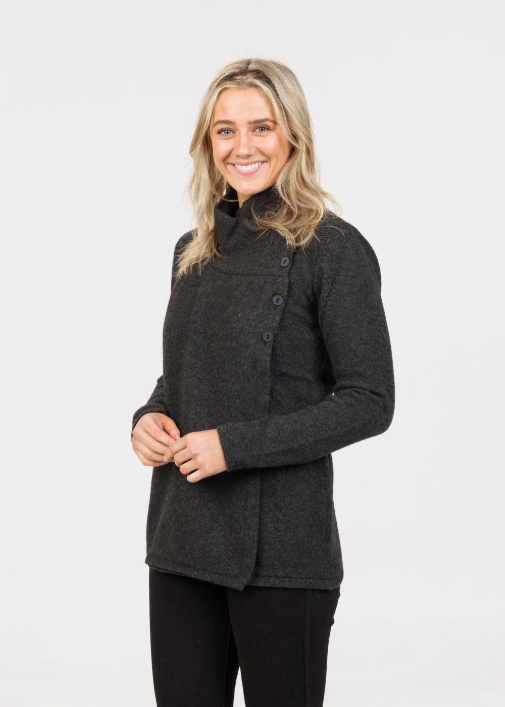 Asymmetric Jacket

With a full button collar, this jacket can be worn fully buttoned to keep out the cold or opened in the warmer months. A flattering length and form make it an ideal garment.
Luxury Blend of Possum Fur, Superfine Merino Wool, and Silk
Colour charcoal