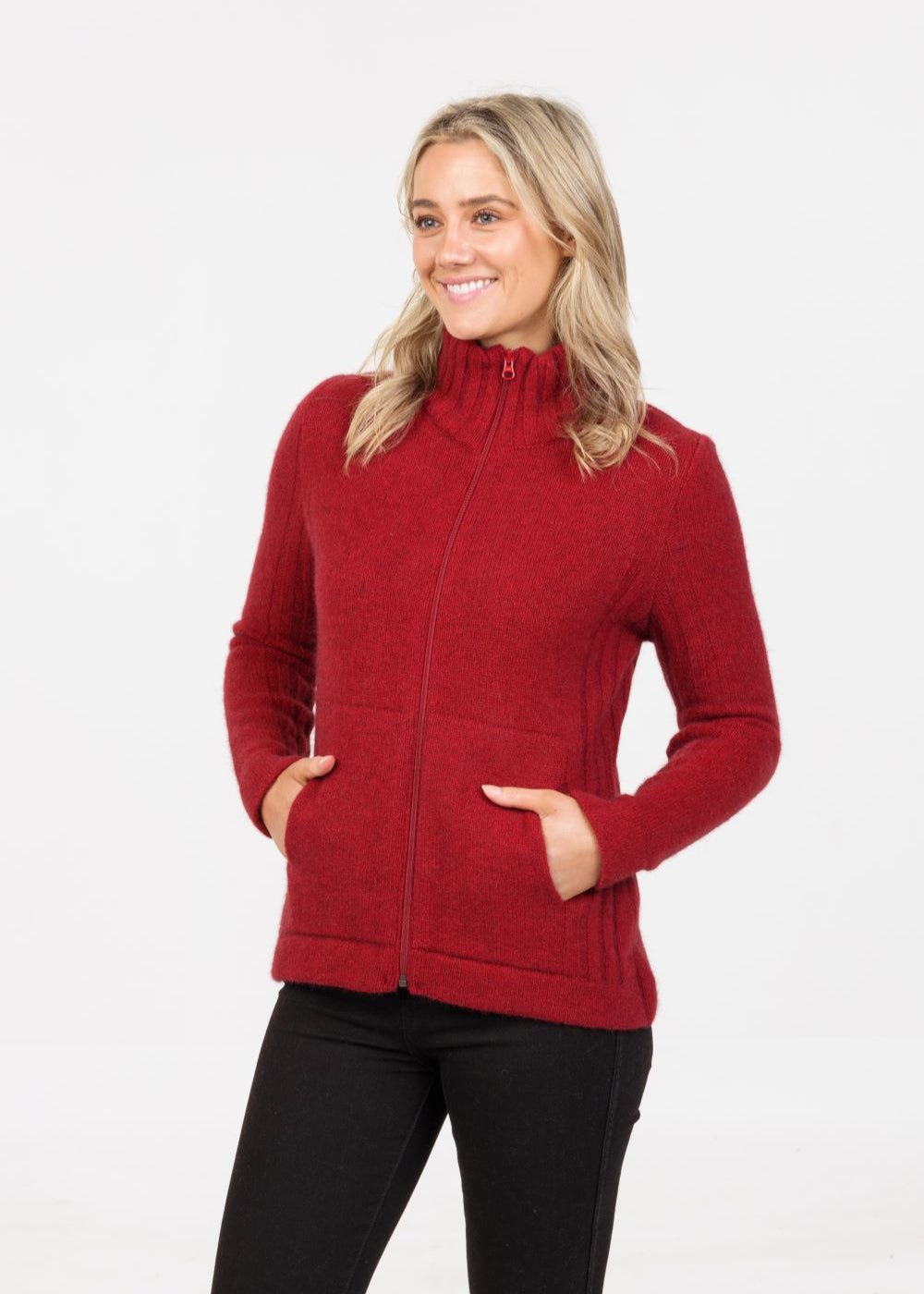 Native world essential jacket with pockets . Merino possum in Berry colour