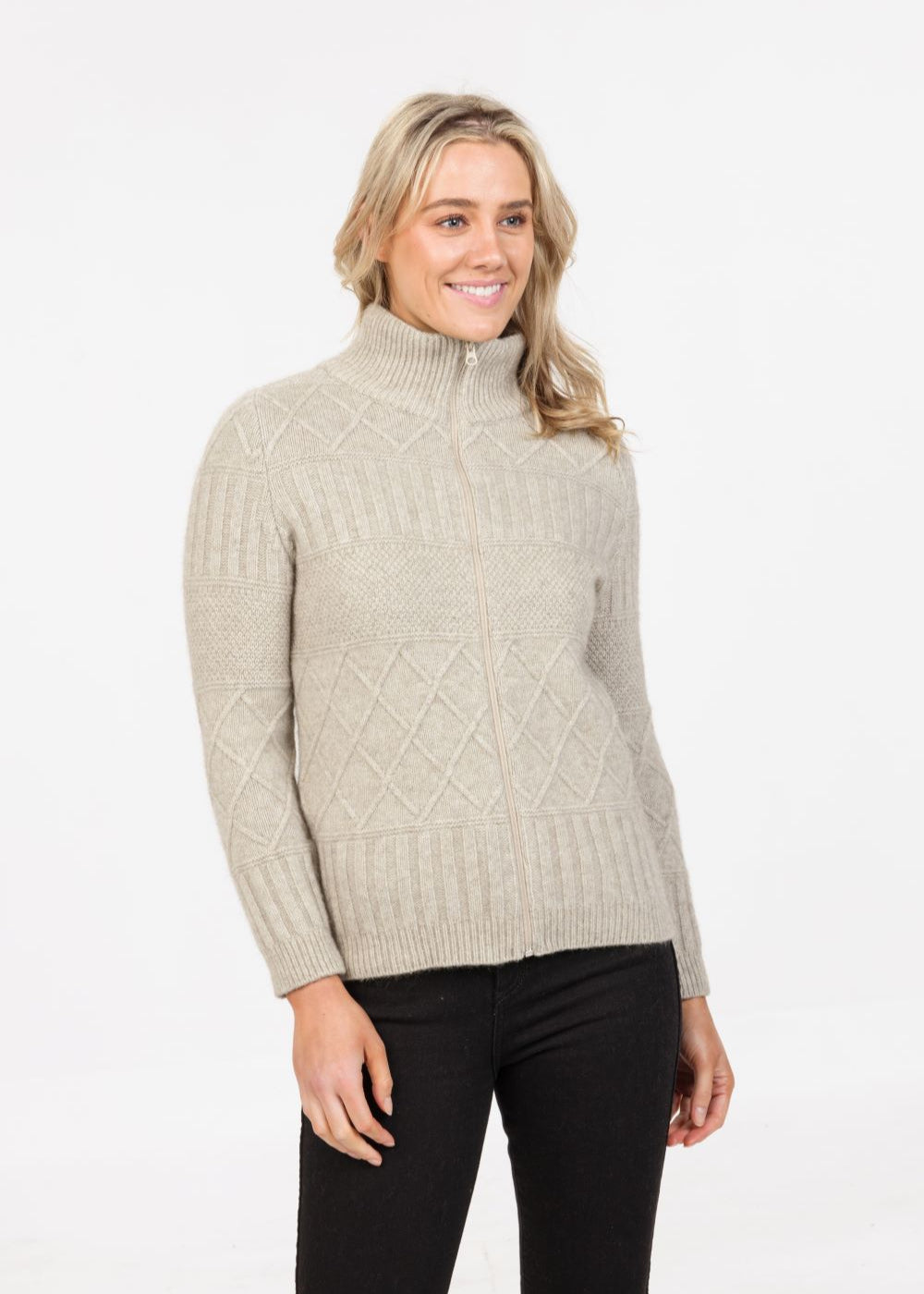 Native world Merino and possum cross stitch jacket in natural