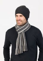 Native world Merino,possum and silk multi stripe unisex scarf in grey tones.