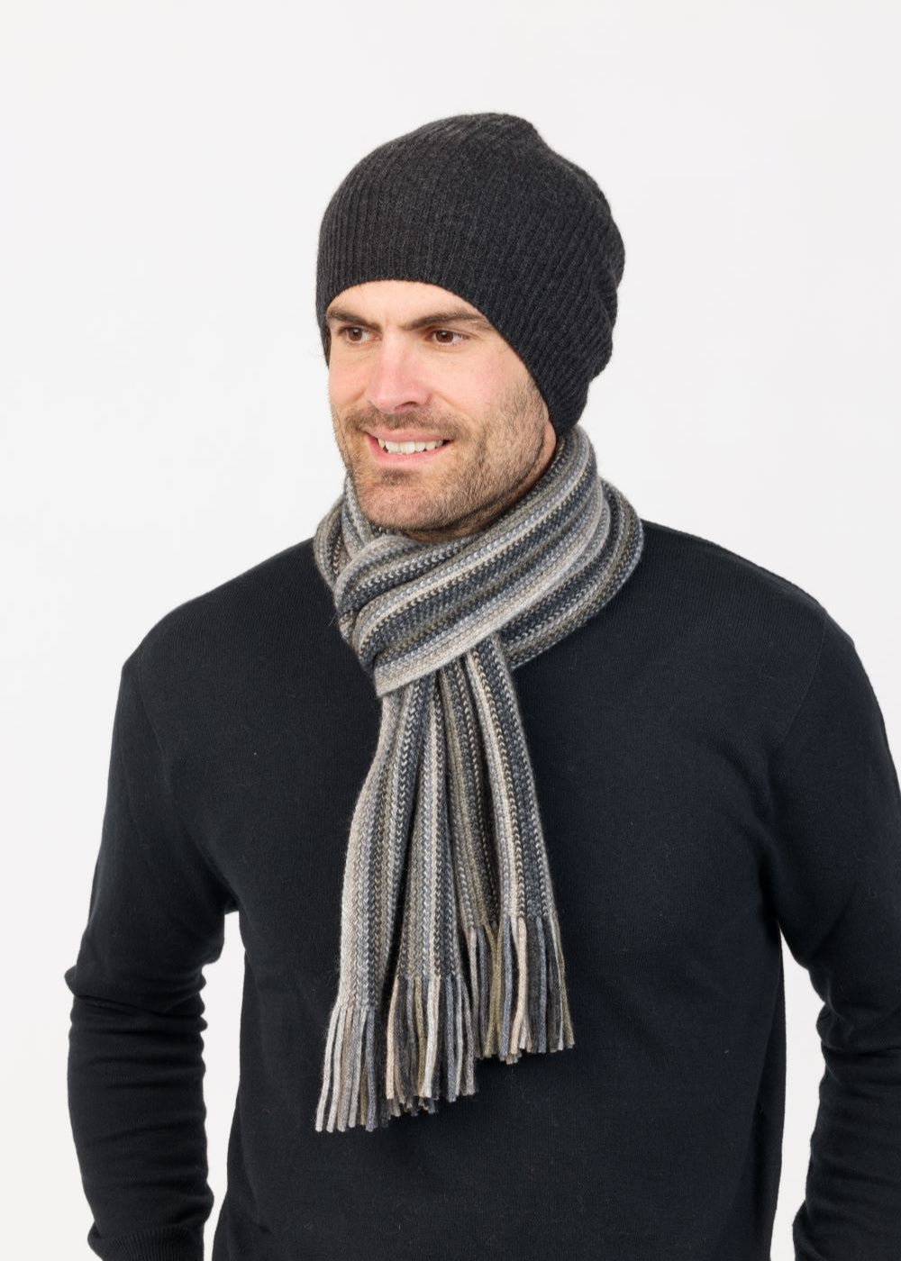 Native world Merino,possum and silk multi stripe unisex scarf in grey tones.