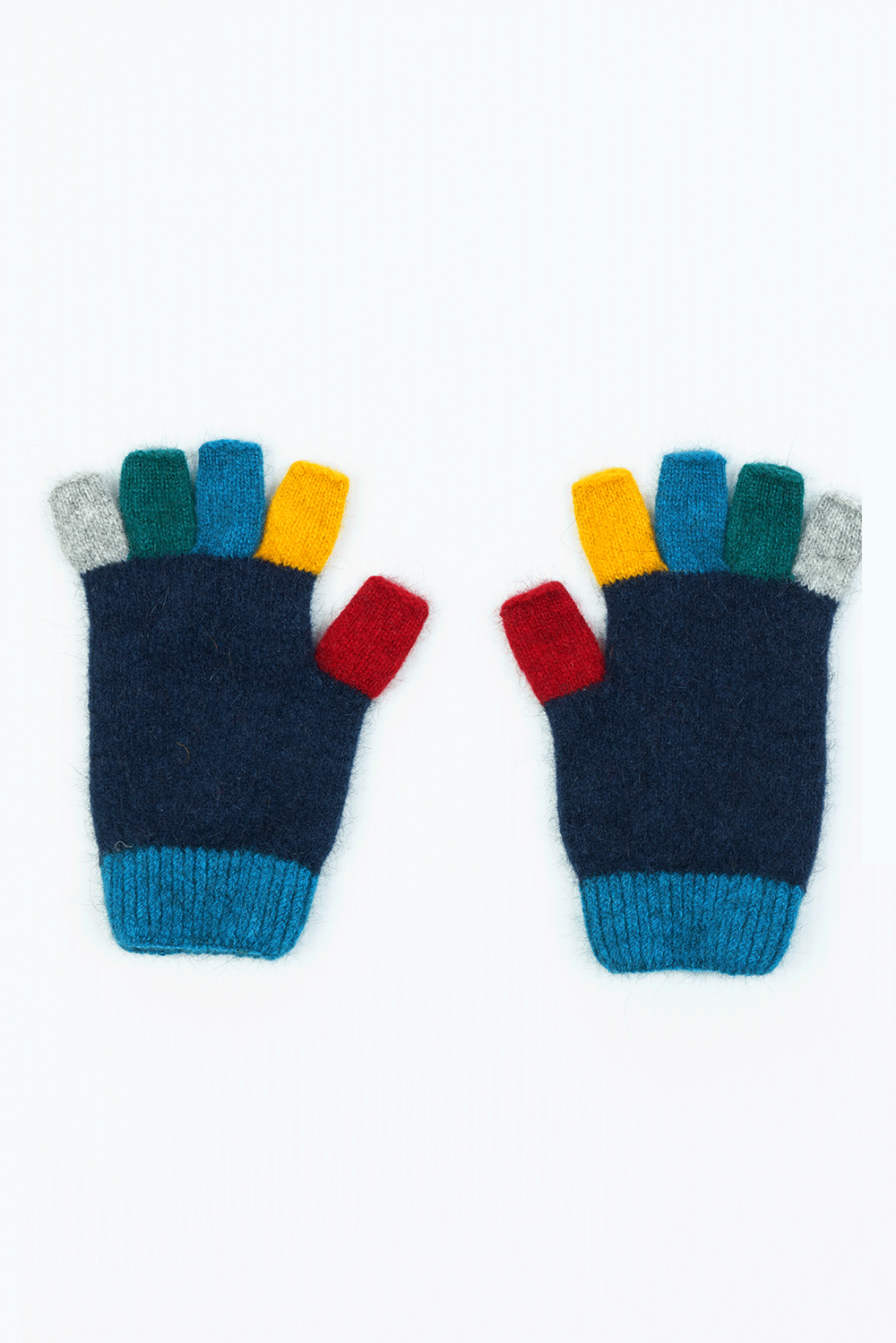 Native world children’s Merino, possum and silk fingerless gloves in twilight with multi coloured fingers