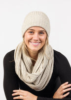 Native world Merino, possum and silk ribbed beanie in natural 