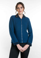 The Trilogy Merino Possum and Silk contrast trim full zip cardigan ib teal with black trim 