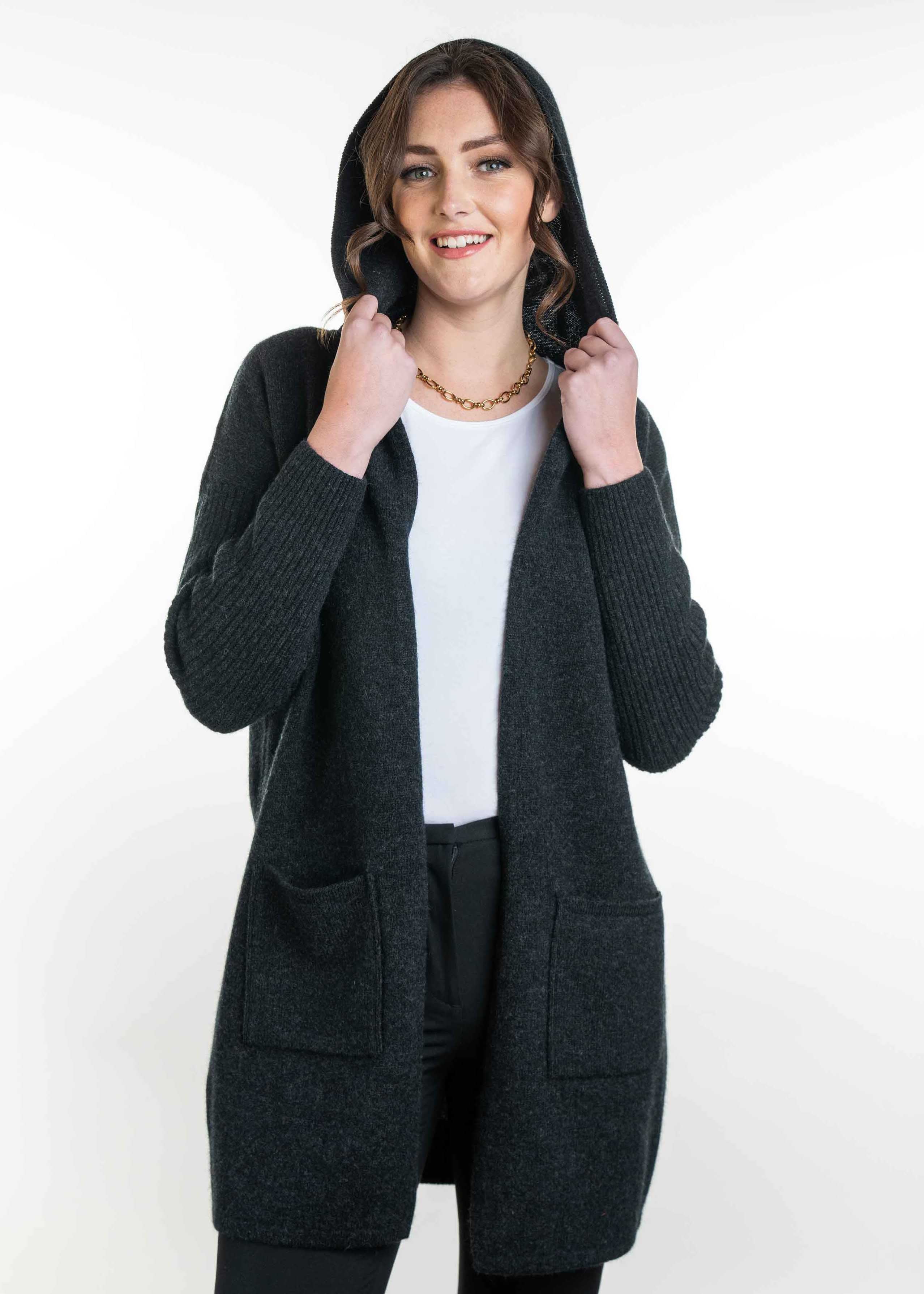 Triology long line Merino Possum Cardigan with hood a classic staple in Black marl 