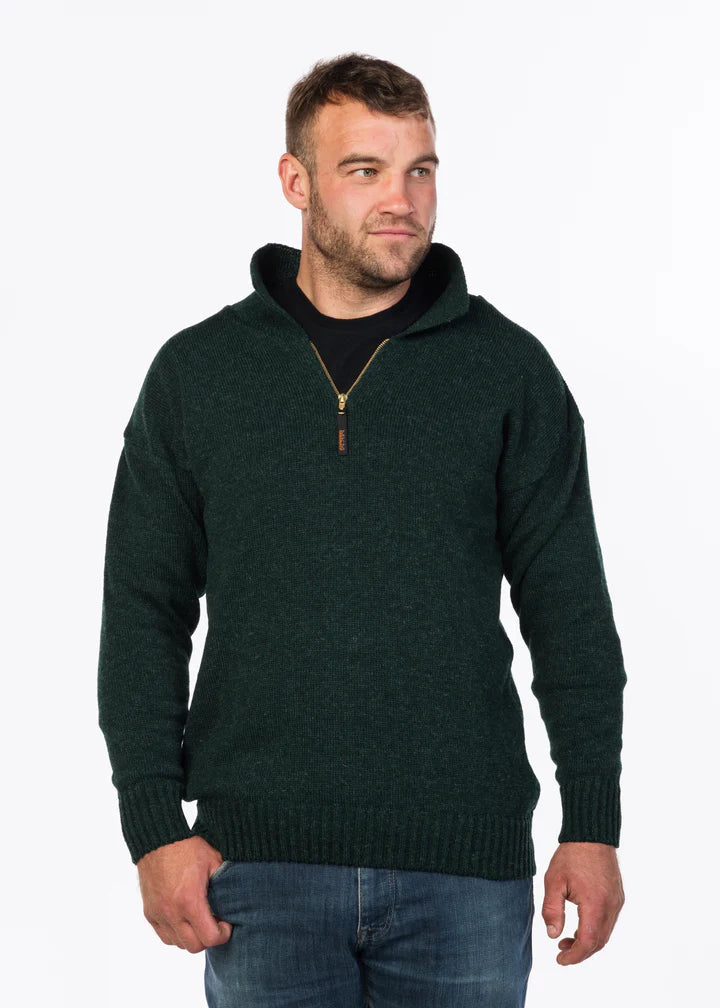 MKM Originals Classic. Made from a hard-wearing NZ wool/nylon blend. 1/4 zip, with a large fold-down collar. 